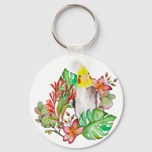 Cute Corella parrot in tropical plants and flowers Schlüsselanhänger