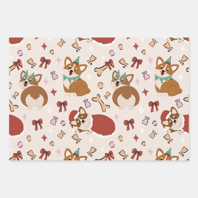 Cute Corgi Christmas Holiday Seamless Pattern Geschenkpapier Set (Vorderseite)