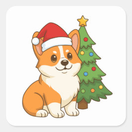 Cute Corgi Dog in a Red Hat with Christmas Tree 2 Quadratischer Aufkleber