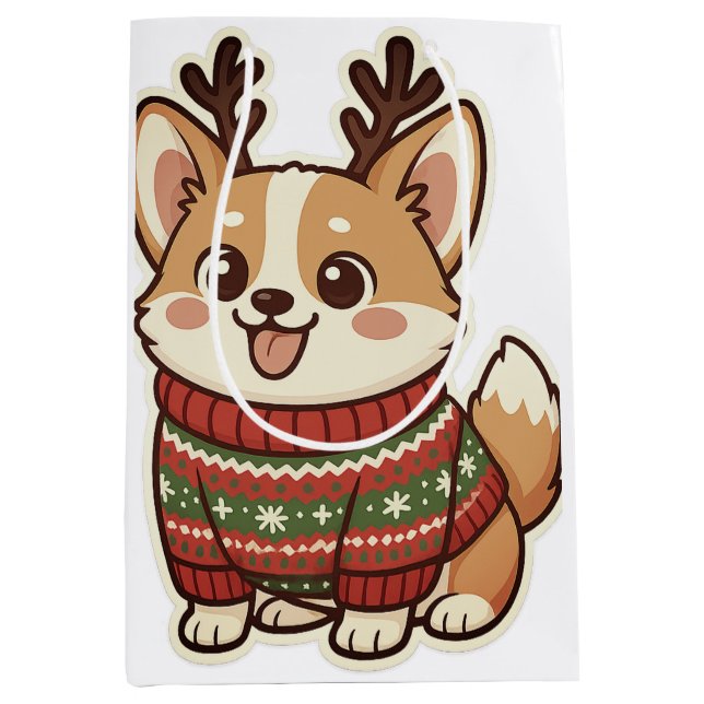 Cute Corgi Dog in Ugly Christmas Sweater Gift Wrap Mittlere Geschenktüte (Vorderseite)