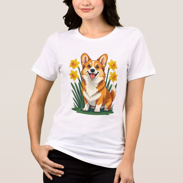 Cute Corgi Dog With Daffodils Tri-Blend Shirt (Vorderseite)