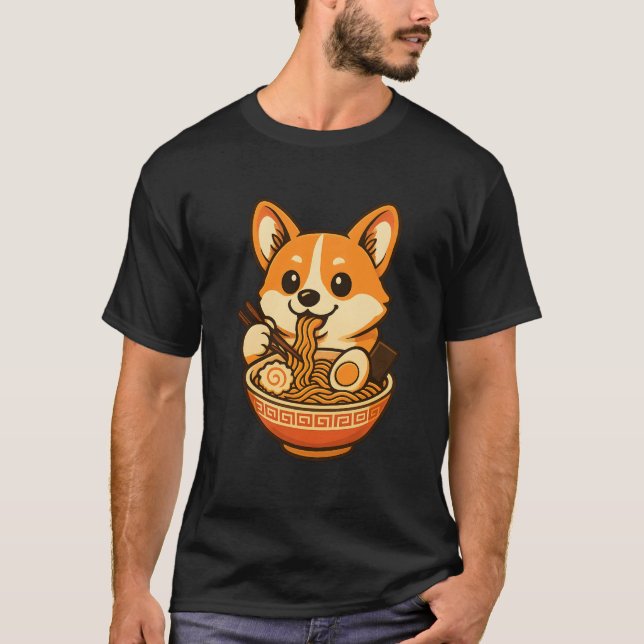 Cute Corgi Eating Ramen ,Kawaii Dog T-Shirt Design (Vorderseite)