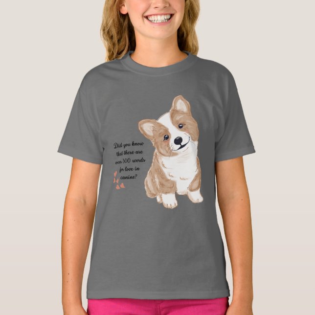 Cute Corgi Puppy Love Kids Graphic Gray T-Shirt (Vorderseite)