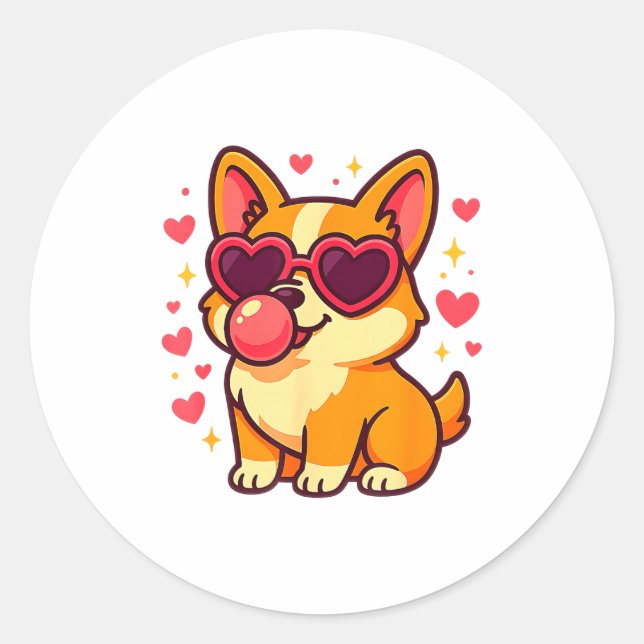 Cute Corgi Valentine Puppy With Heart Sungles  Runder Aufkleber (Vorderseite)