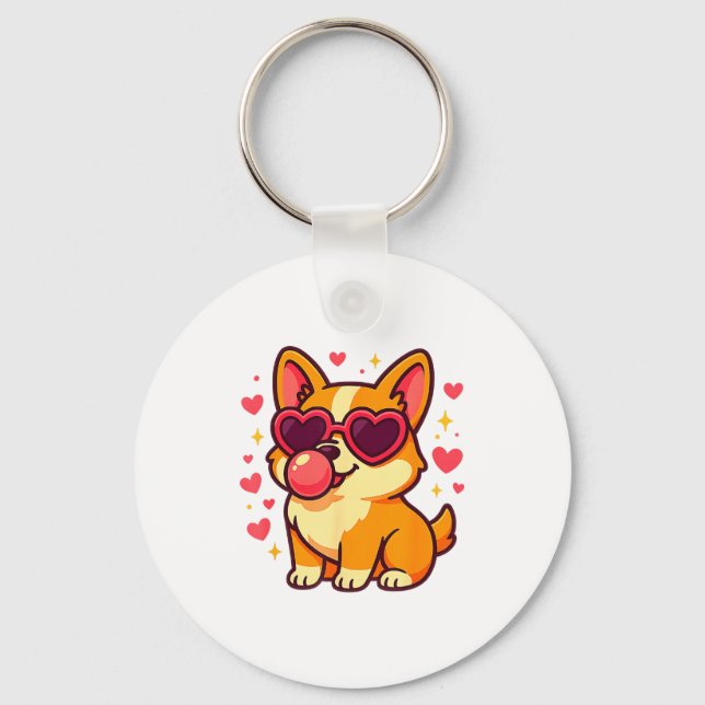 Cute Corgi Valentine Puppy With Heart Sungles  Schlüsselanhänger (Vorderseite)