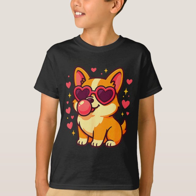 Cute Corgi Valentine Puppy With Heart Sungles  T-Shirt (Vorderseite)