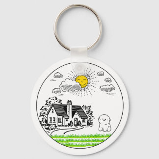 *Cute Cottage & Puppy with Smiling Sun – Circular  Schlüsselanhänger