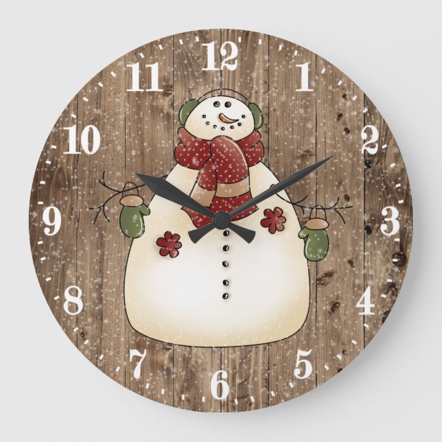 Cute Country snowman Holiday decor Große Wanduhr (Vorderseite)