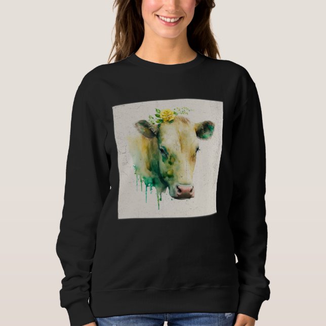 Cute Cow Illustration Flowers Laefy Green Women Me Sweatshirt (Vorderseite)