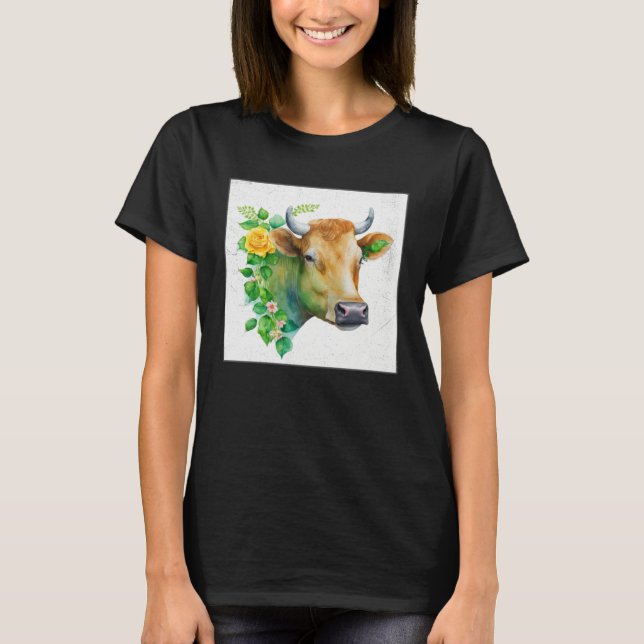 Cute Cow Illustration Flowers Laefy Green Women Me T-Shirt (Vorderseite)