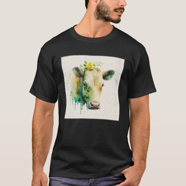 Cute Cow Illustration Flowers Laefy Green Women Me T-Shirt (Vorderseite)