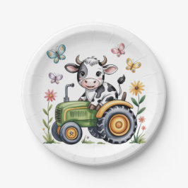 Cute Cow on Tractor Boy Birthday Party Pappteller