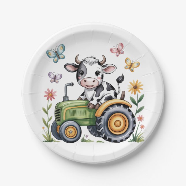 Cute Cow on Tractor Boy Birthday Party Pappteller (Vorderseite)