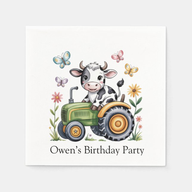 Cute Cow on Tractor Boy Birthday Party Serviette (Vorderseite)