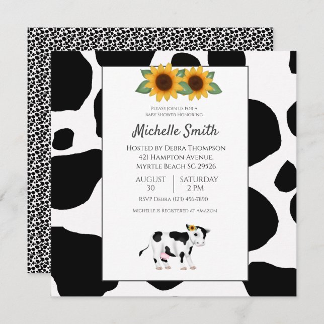 Cute Cow Print Sunflower Baby Shower Einladungen (Vorne/Hinten)