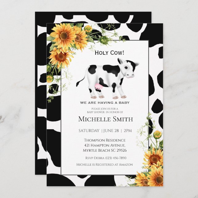 Cute Cow Print Sunflower Baby Shower Einladungen (Vorne/Hinten)