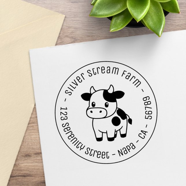 Cute Cow Round Business Address Gummistempel (Von Creator hochgeladen)