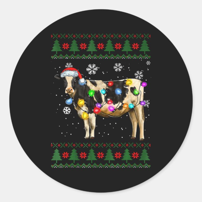 Cute Cow Santa Christmas Lights Ugly Xmas Sweater  Runder Aufkleber (Vorderseite)
