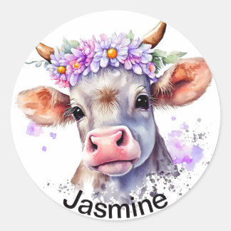 Cute cow with your name floral wreath watercolor k runder aufkleber
