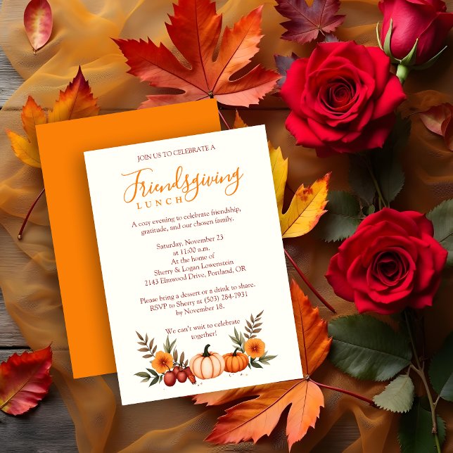 Cute Cozy Autumn Friendsgiving Pumpkins Einladung (Cute Cozy Autumn Friendsgiving Thanksgiving Pumpkins Invitation Lunch Party Cards with Back Orange. )