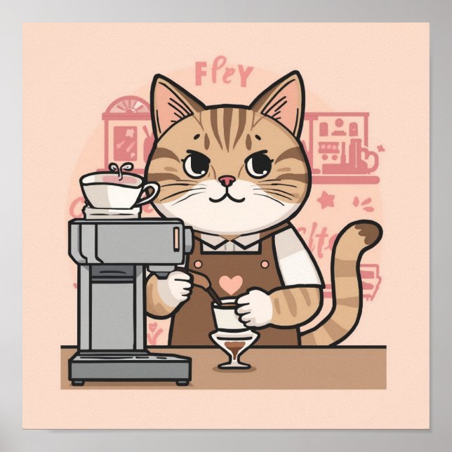 Cute Cozy Cartoon Barista Cat Poster (Vorne)
