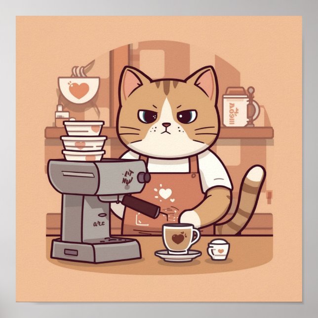 Cute Cozy Cartoon Barista Cat Poster (Vorne)