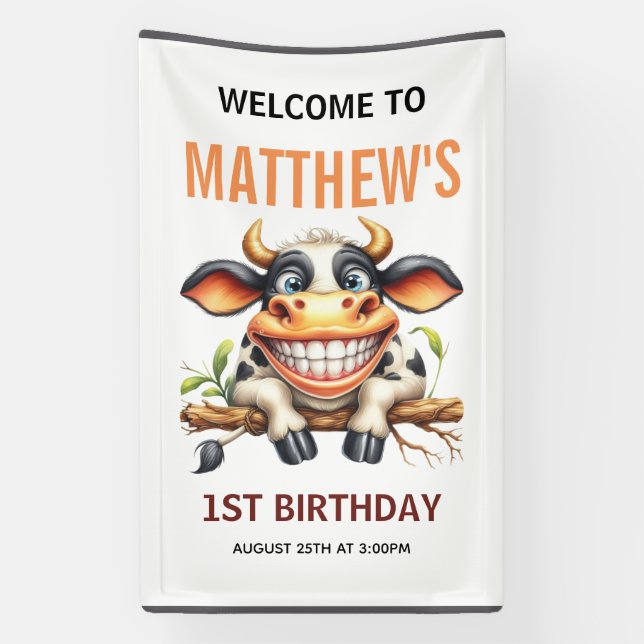 Cute Crazy Cow Farm Theme 1st Birthday Banner (Vertikal)