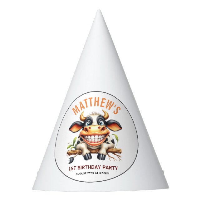 Cute Crazy Cow Farm Theme 1st Birthday Partyhütchen (Vorderseite)