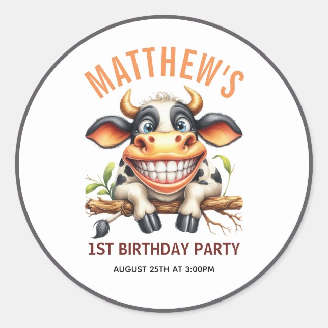 Cute Crazy Cow Farm Theme 1st Birthday Runder Aufkleber (Vorderseite)