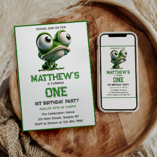 Cute Crazy Frog Farm Theme 1st Birthday  Einladung