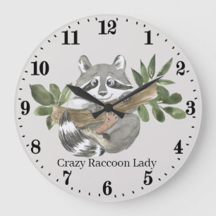 cute crazy raccoon lady add text große wanduhr