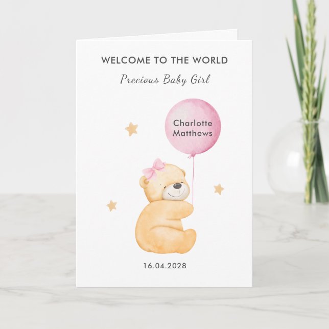Cute Crimson Balloon Bear Welcome Baby Girl Card Karte (Vorderseite)