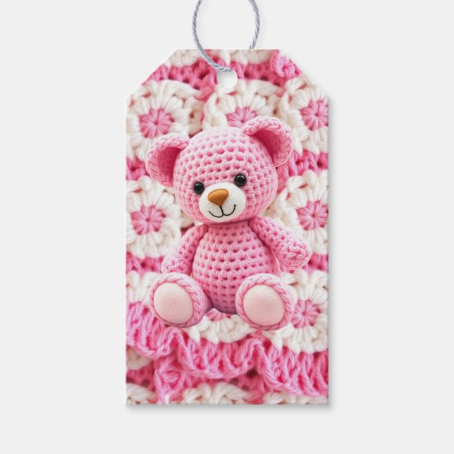 Cute Crocheted Teddy Bear Girl's Baby Shower Geschenkanhänger (Vorderseite)