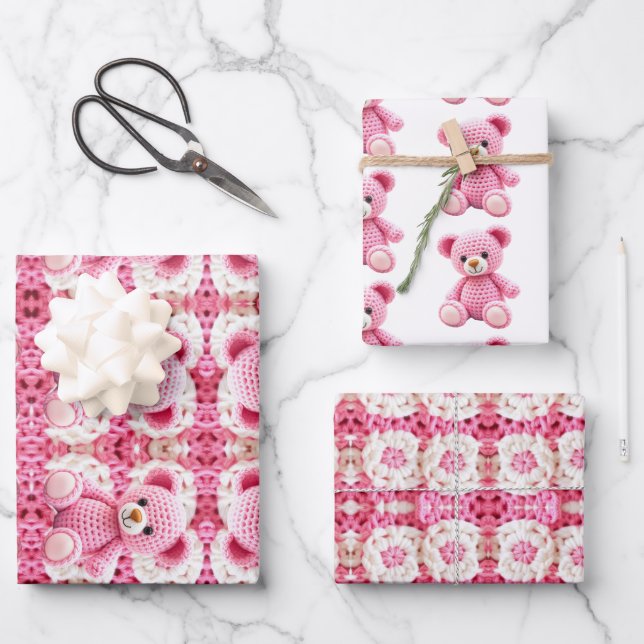 Cute Crocheted Teddy Bear Girl's Baby Shower Geschenkpapier Set (Vorderseite)