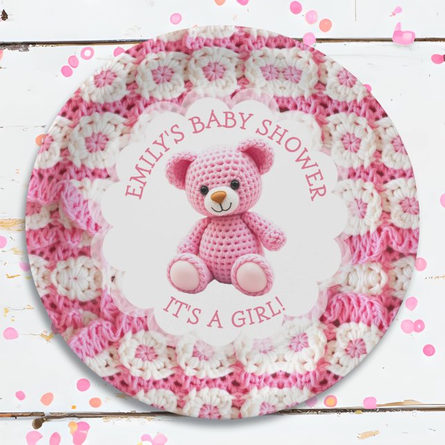 Cute Crocheted Teddy Bear Girl's Baby Shower Pappteller (Von Creator hochgeladen)