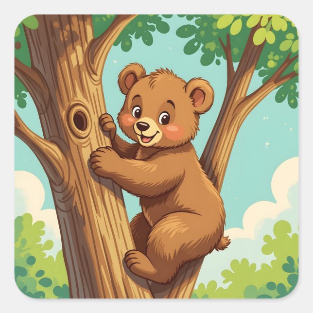 Cute cub bear climbing a tree quadratischer aufkleber (Vorderseite)