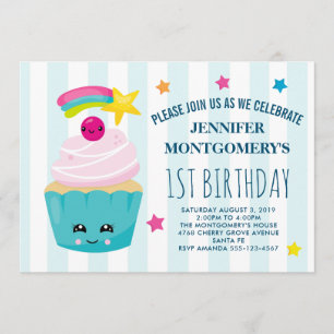 Cute Cupcake mit Kawaii-Gesicht zum Geburtstag Einladung