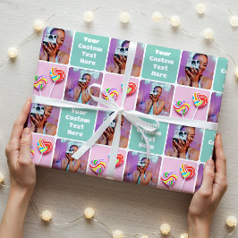 Cute Custom 3 Photo Modern Retro Green Pattern Geschenkpapier