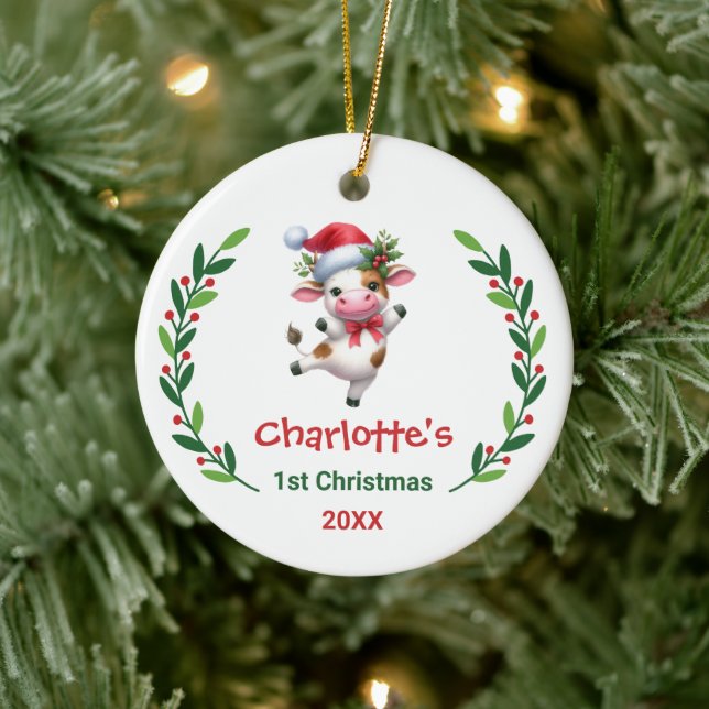Cute Custom Baby's First Christmas Festive Cow Keramik Ornament (Baum)