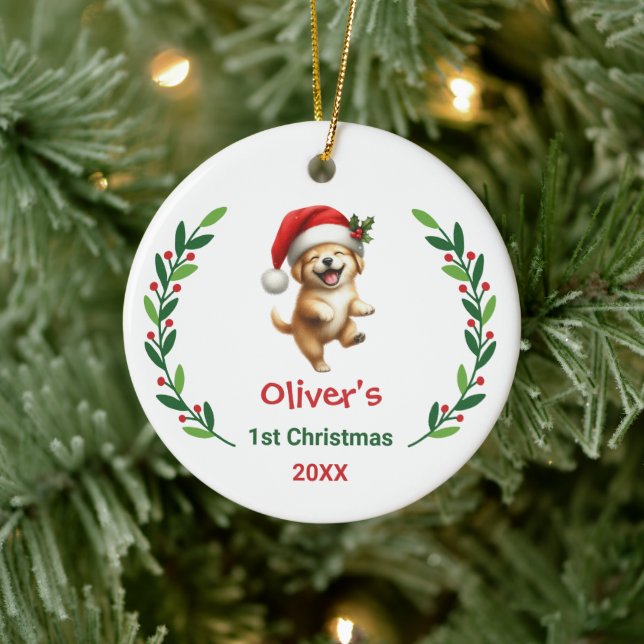 Cute Custom Baby's First Christmas Festive Puppy Keramik Ornament (Baum)