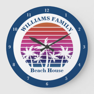 Cute Custom Beach House Palm Tree Tropical Sunset Große Wanduhr