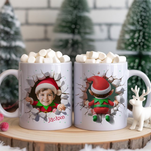 Cute Custom Kids Face Photo Funny Elf Christmas Kaffeetasse (Fun and funny Custom Kids Face Photo cute Elf crashing front and back side Christmas Coffee Mug Cups)