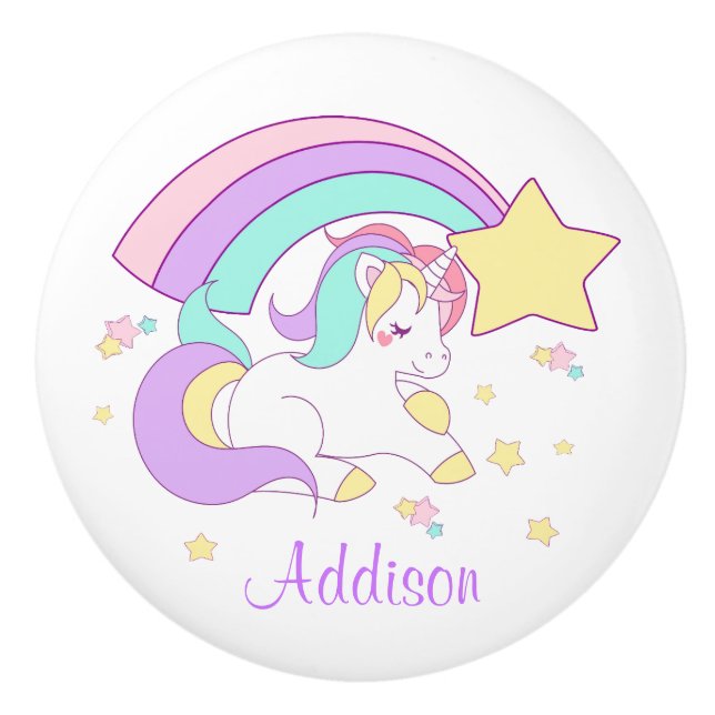 Cute Custom Personalized Magical Rainbow Unicorn Keramikknauf (Vorderseite)