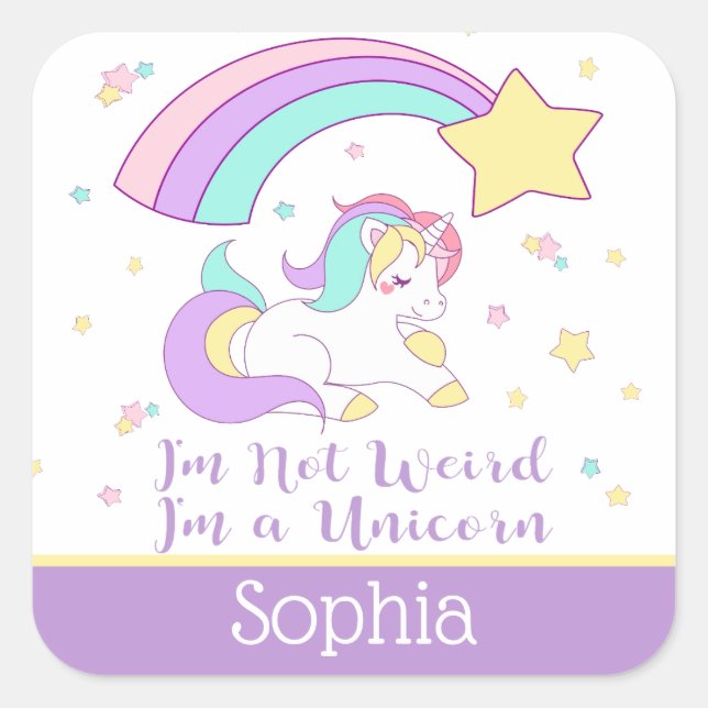 Cute Custom Personalized Magical Rainbow Unicorn Quadratischer Aufkleber (Vorderseite)