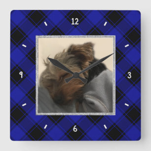 Cute Custom Photo Frame Classic Blue & Black Plaid Quadratische Wanduhr