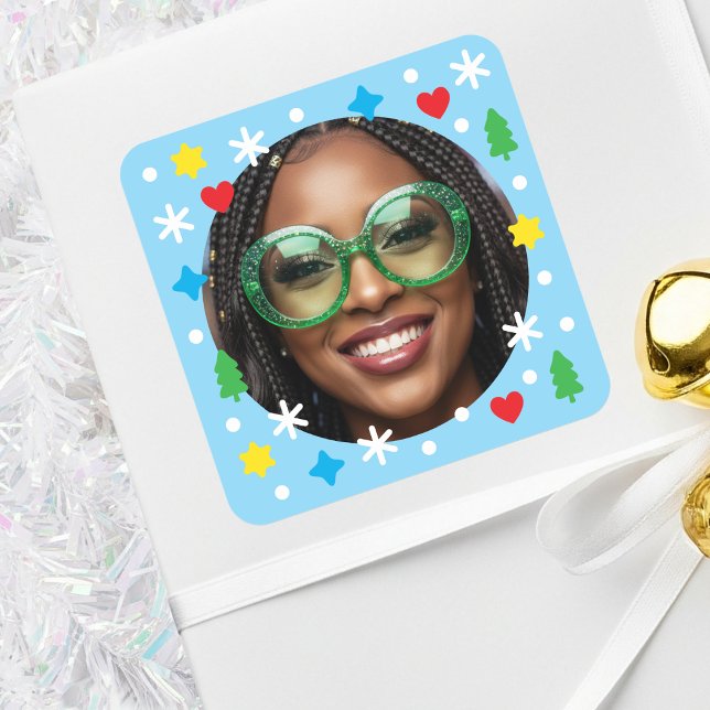 Cute Custom Photo Holiday Retro Blue Christmas Quadratischer Aufkleber (Von Creator hochgeladen)