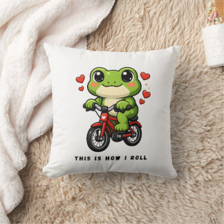 Cute Cycling Frog | Kawaii Frog Bicycle Art Kissen