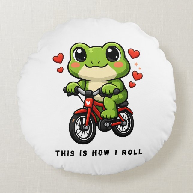 Cute Cycling Frog | Kawaii Frog Bicycle Art Rundes Kissen (Vorderseite)