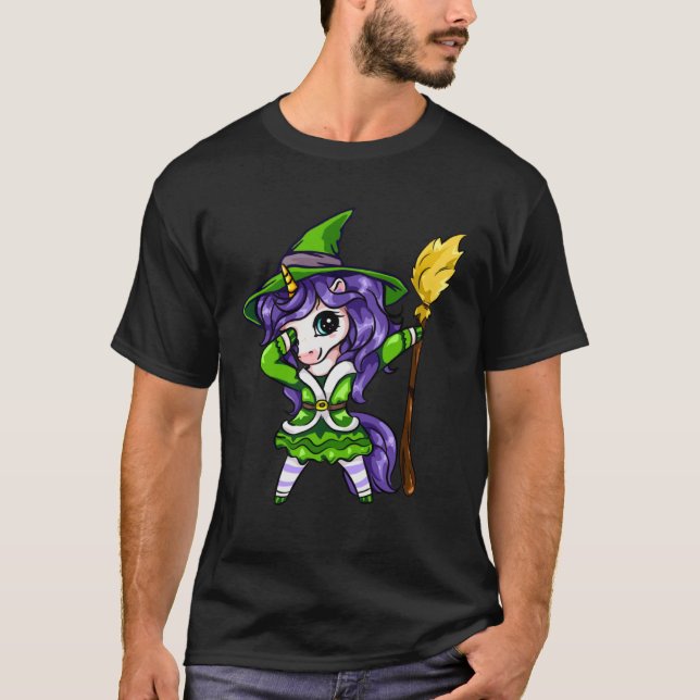 Cute Dabbing Unicorn Girl Witch With Broom Hallowe T-Shirt (Vorderseite)