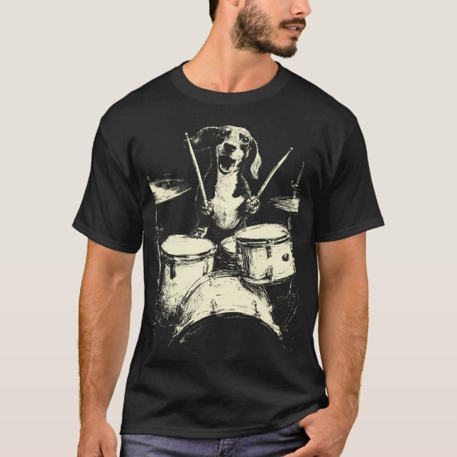 Cute Dachshund Playing Drums Funny Music Sausage D T-Shirt (Vorderseite)